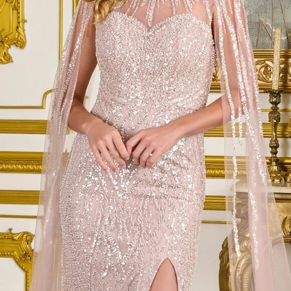 New Sequins Embellihsed Maxi Mother Of Bride Mesh Gown w/ Cape Sleeves GL3831 - Picture 7 of 14